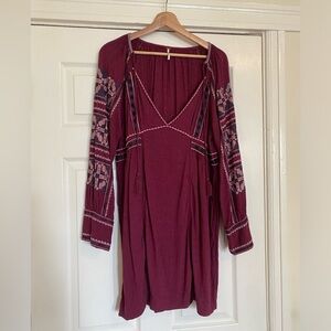 Free People burgundy embroidered tunic dress size M